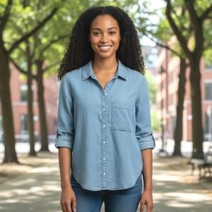 Aerie Blue Denim Shirt XS Button Down Rounded Hem  Clean‎ Girl, Soft Utility